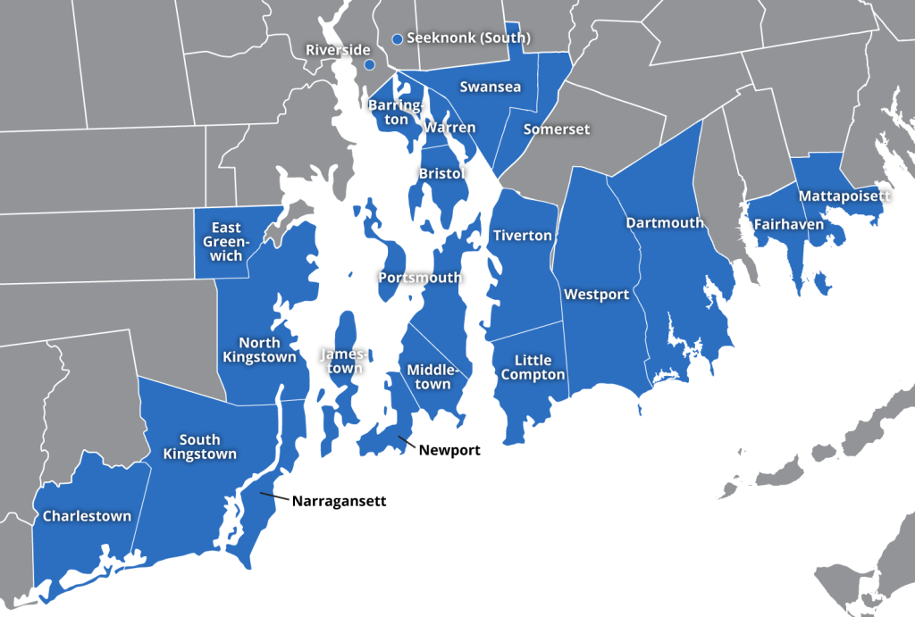 Aquidneck Services' Rhode Island and Massachusetts service area map